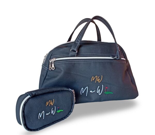 Kit de maleta deportiva tamaño mediano en piel de alta calidad negro con bolsa pequeña para accesorios adicionales (con logo)